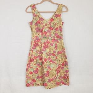Garnet Hill Dress Floral Cottagecore Dress Tan Pink size 2P Romantic Career Wear
